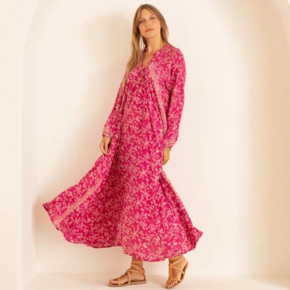 Natalie Martin Fiore Maxi Silk Dress. Bamboo Punch. Pink